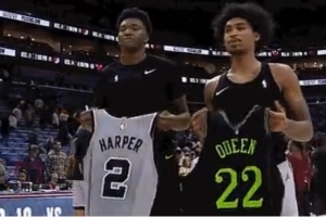 2025届新秀翘楚！榜眼哈珀和13号秀奎因赛后交换球衣