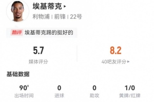埃基蒂克本场3射1正+2关键传球 6过人4成功 获评5.7分全场最低