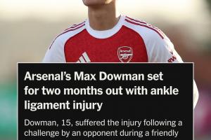 再伤一人！TA：15岁阿森纳小将道曼脚踝受伤，预计伤缺2个月