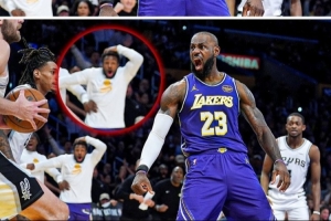 詹姆斯惊天隔扣科内特 场边的布朗尼被惊出表情包