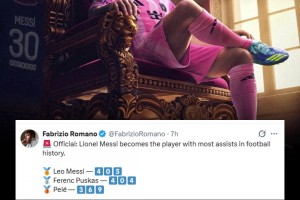 历史助攻第一人 ！罗马诺：梅西超越普斯卡什