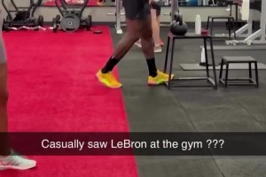 老詹此前在健身房健身被一球迷遇到，这球迷也太幸运了吧！